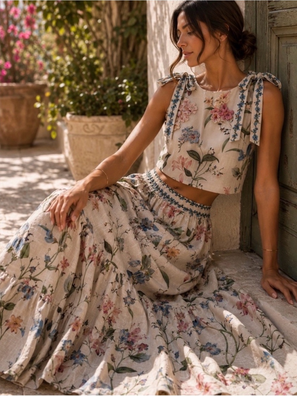 Camila Coelho Cream Floral Tie-Shoulder Top & Maxi Skirt 2 Piece Set Size L NEW